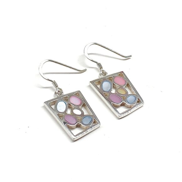 Sterling Silver Dangle Earrings, Baby Blue Pink Modern Pebble Design Earrings - Picture 2 of 5